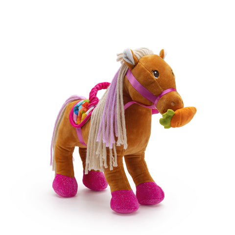 Groovy Girls Blossom plush horse toy with pink hooves, colorful mane, and carrot accessory