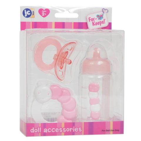 PINK Bottle Rattle and Pacifier Accessory Gift Set 3-Pieces | Fits Most Dolls | Ages 2+ - 1