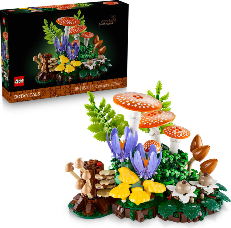LEGO Botanicals Woodland Mushrooms set 11505 with 806 pieces showing completed build and box