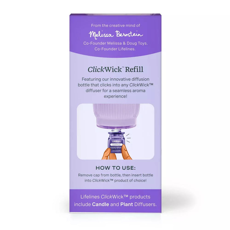 Lifelines ClickWick Refill box in purple showing Jasmine and Geranium essential oil blend instructions