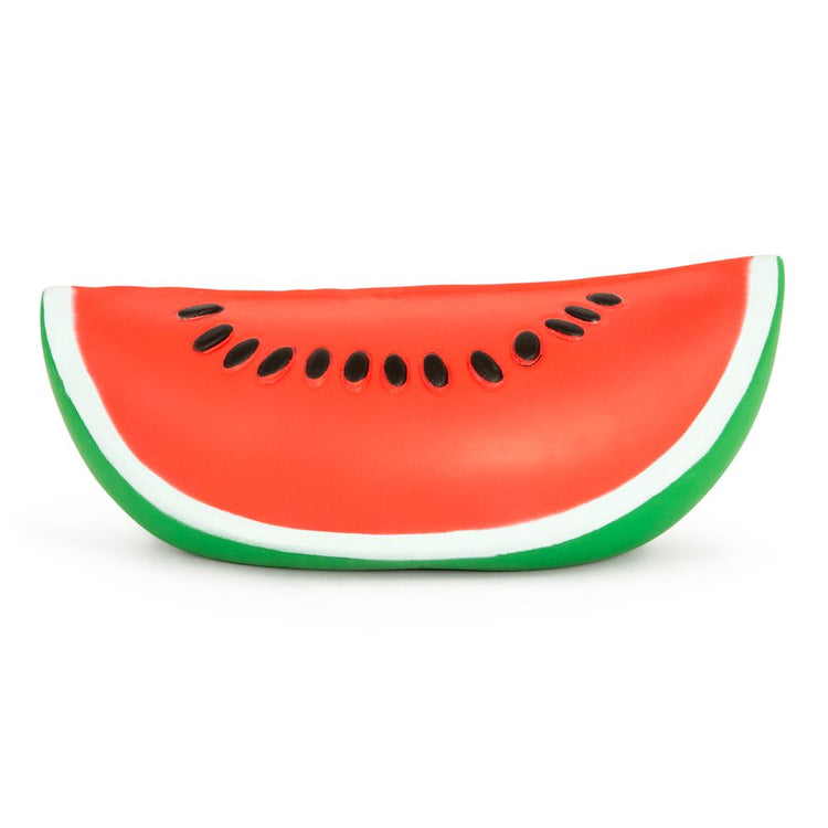 Jumbo squishy watermelon slice toy with red flesh, black seeds, and green rind
