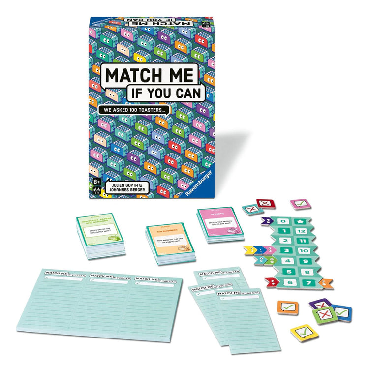 Match Me If You Can party game box with cards, scoring tiles, and answer sheets displayed on white background.