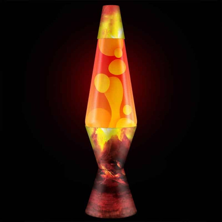 Glowing 14.5-inch erupting crater lava lamp with yellow blobs in red liquid on dark background