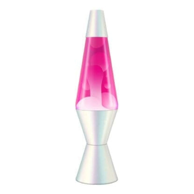 14.5 inch opalescent lava lamp with pink liquid and white wax on silver base