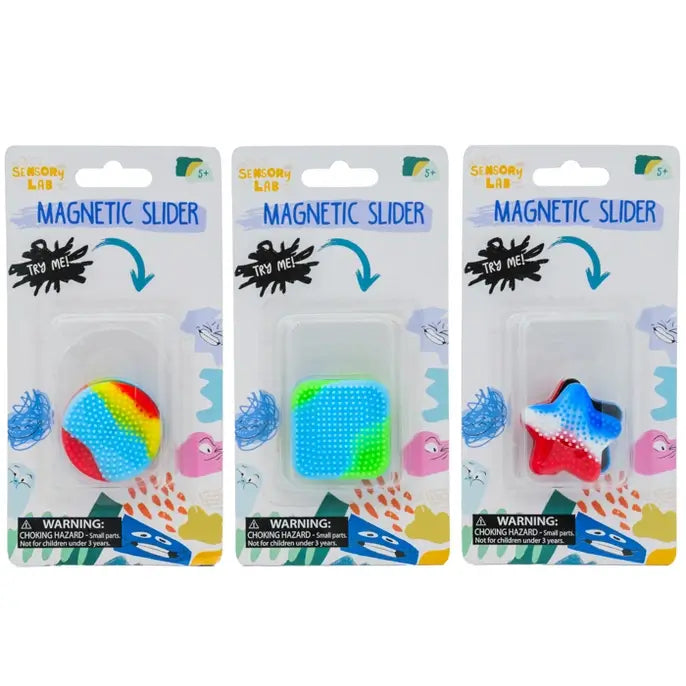 Sensory Lab Magnetic Slider three-pack showing circle, square, and star shapes in multicolor