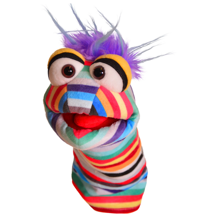 Colorful striped hand puppet with purple hair, large expressive eyes, and open mouth