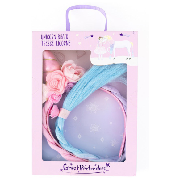 Great Pretenders Unicorn Braid hair accessory set with blue braid and pink flowers in packaging