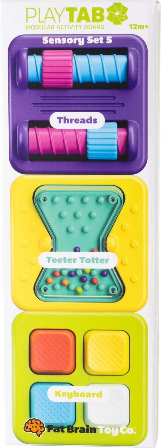 PlayTab Sensory Set 5 modular activity board tiles with Threads, Teeter Totter, and Keyboard panels