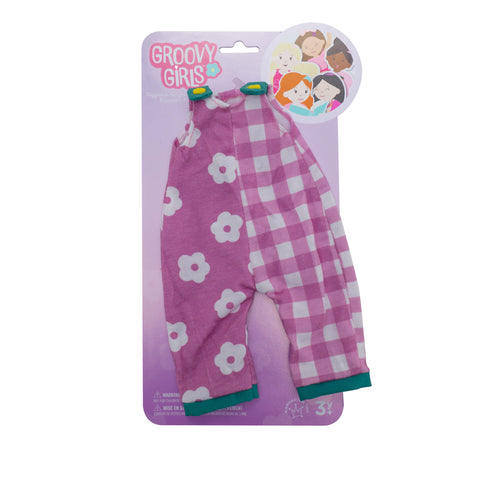 Groovy Girls Giggles in Gingham pink floral overalls doll outfit in retail packaging
