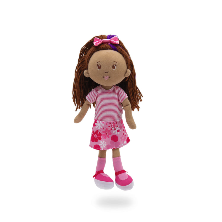 Groovy Girls doll wearing pink striped top, floral skirt, pink shoes and hair bow