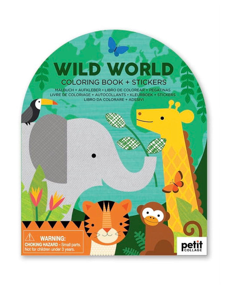 Wild World Coloring Book with Stickers by Petit Collage featuring jungle animals on green cover
