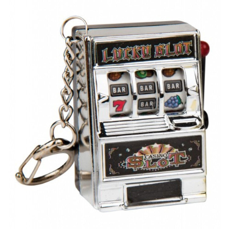 Miniature chrome Lucky Slot casino slot machine keychain with spinning reels and chain