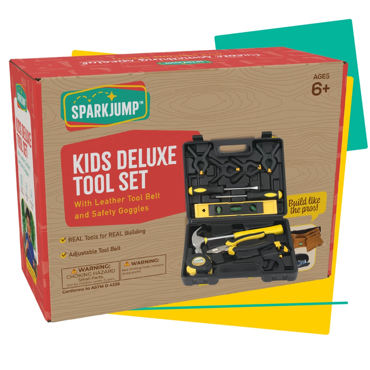 Kids Deluxe Tool Set with Leather Tool Belt & Safety Goggles 6+ - 6