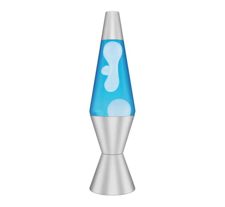 Schylling 11.5 inch lava lamp with blue liquid, white wax blobs, and silver metallic base