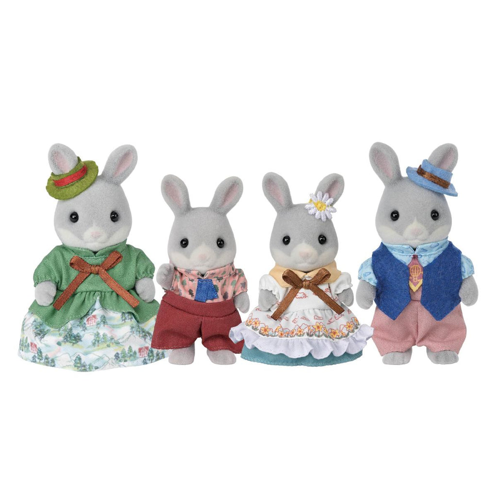 Calico Critters Cottontail Rabbit Family set of four gray rabbit figurines in colorful outfits