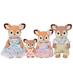 Calico Critters Deer Family set of four flocked figures in floral outfits on white background