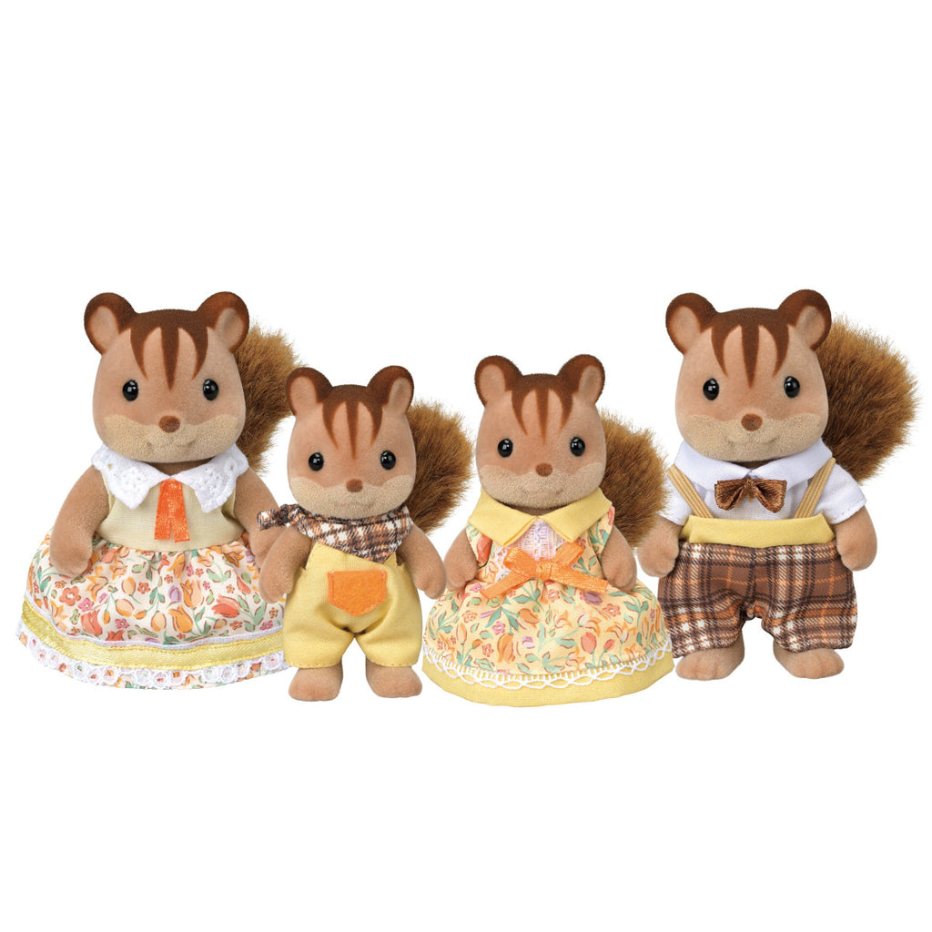 Calico Critters Walnut Squirrel Family set of four flocked figurines in autumn-themed outfits