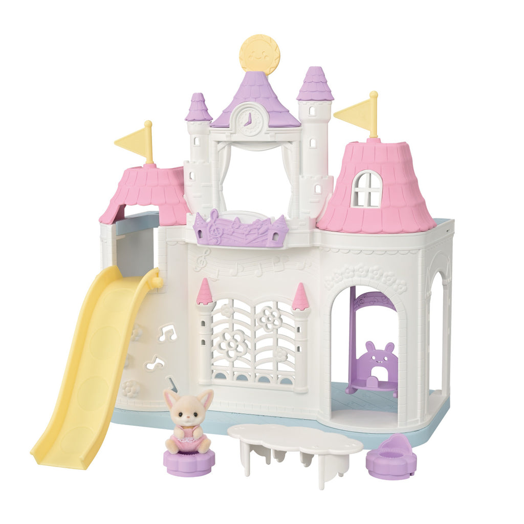 Calico Critters Playtime Castle Nursery with slide, swing, towers, and bunny figure