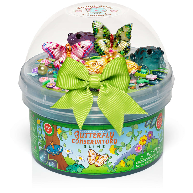 Kawaii Slime Company Butterfly Conservatory dome slime kit with colorful butterfly and frog figurines, green bow.