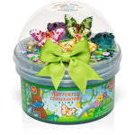 Kawaii Slime Company Butterfly Conservatory dome slime kit with colorful butterfly and frog figurines, green bow.