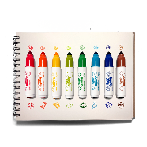 Ooly Jumbo Jots 8 dual tip washable dinosaur stamp markers set with box and single marker displayed