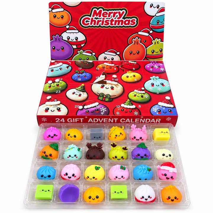 24-day Christmas advent calendar with colorful emoji dumpling squishy toy figures in tray
