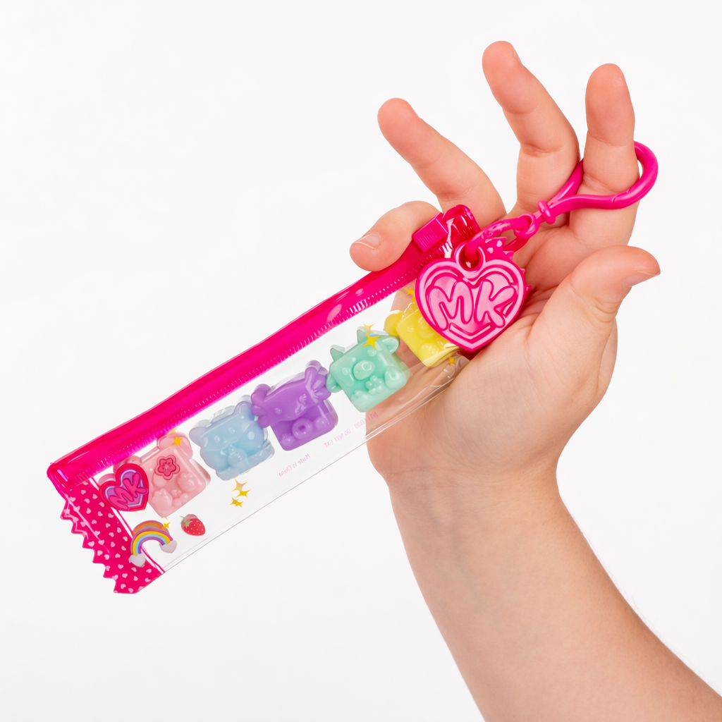 Hand holding MushyKinz 5-piece pastel bear figure keychain set in pink zipper pouch