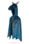 Children's teal and gold shimmer dragon cape with sculpted hood featuring horns and blue eye