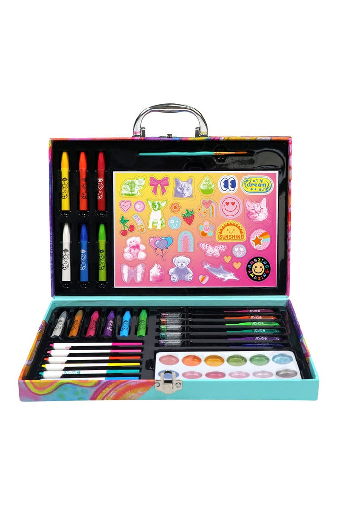 Open 60-piece all-in-one art case with crayons, markers, watercolors, and stickers