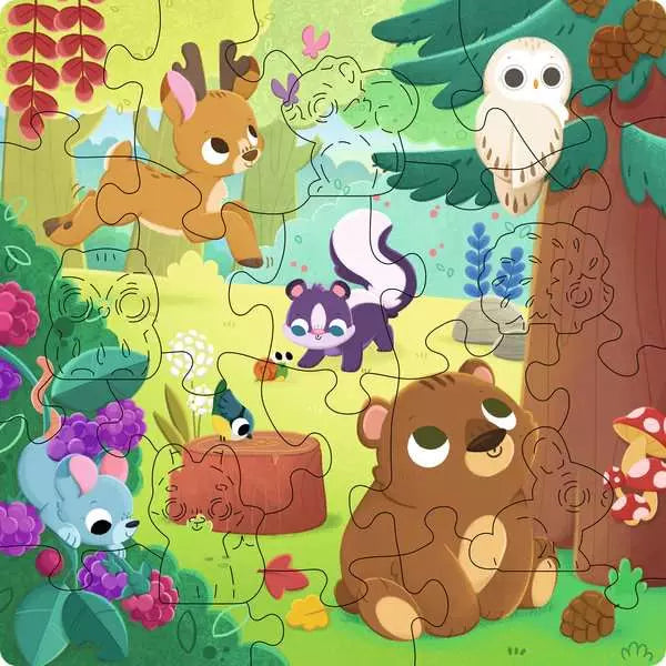 22-piece wooden jigsaw puzzle featuring cute cartoon forest animals including bear, deer, owl, skunk, and mouse.