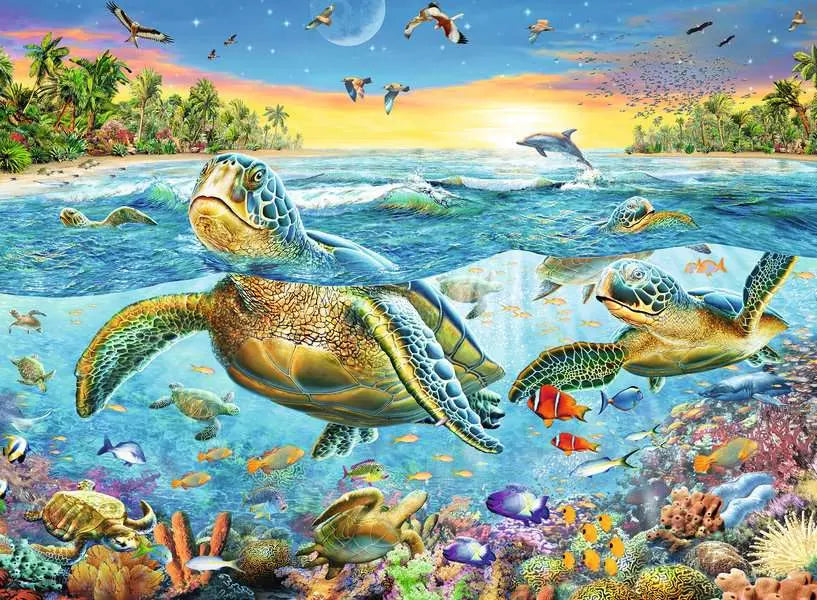 Vibrant underwater scene with sea turtles, tropical fish, coral reef, dolphins, and tropical island shoreline