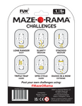 Maze-O-Rama Challenges packaging showing six difficulty levels with yellow ball positions on black maze board