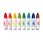 Eight OOLY Jumbo Jots washable dinosaur markers arranged in rainbow color order on white background