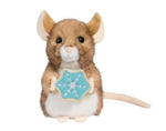 Mazel Mouse plush toy holding a teal snowflake-shaped frosted cookie, brown and white stuffed animal
