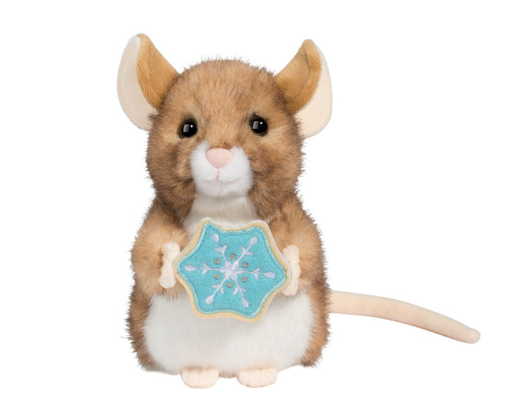 Mazel Mouse plush toy holding a teal snowflake-shaped frosted cookie, brown and white stuffed animal