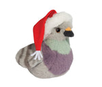 Plush pigeon stuffed animal wearing a red and white Santa Claus hat