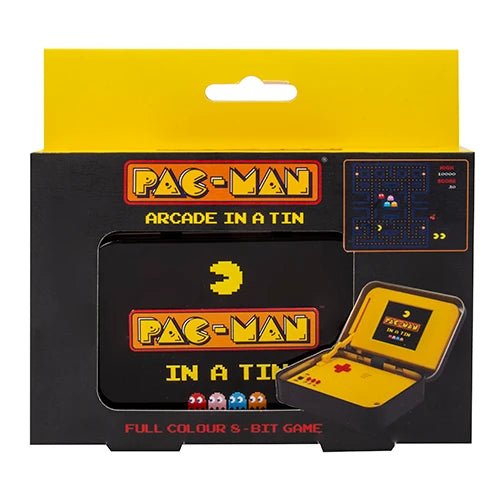 PAC-MAN Arcade In A Tin handheld game packaging with classic retro 8-bit design