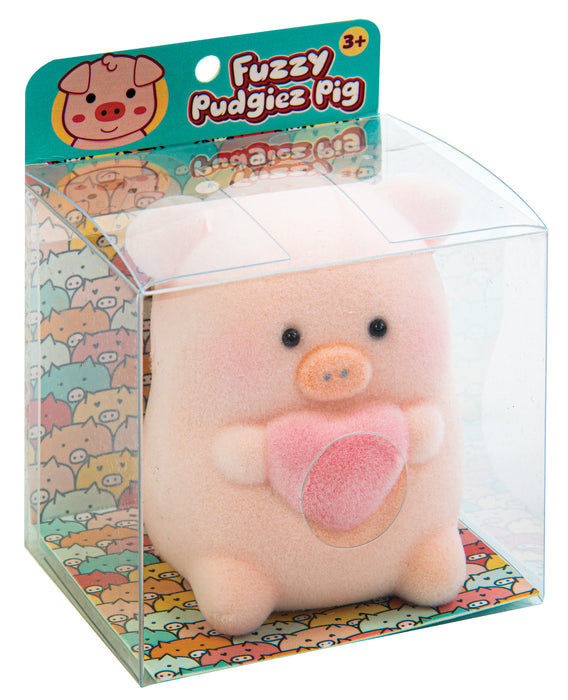 Fuzzy Pudgiez Pig toy in clear box, soft pink flocked piggy holding heart