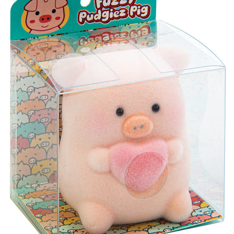 Chubby pink pig plush toy holding a pink heart, soft flocked texture