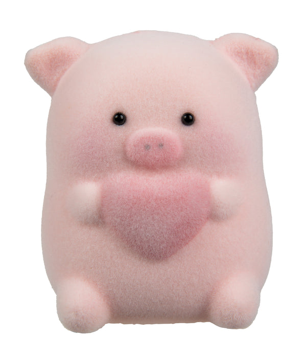 Chubby pink pig plush toy holding a pink heart, soft flocked texture