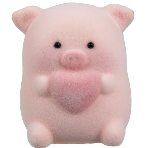 Chubby pink pig plush toy holding a pink heart, soft flocked texture