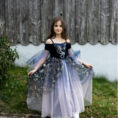 Twilight Enchantress girls costume gown in navy velvet with celestial gold embroidered tulle skirt