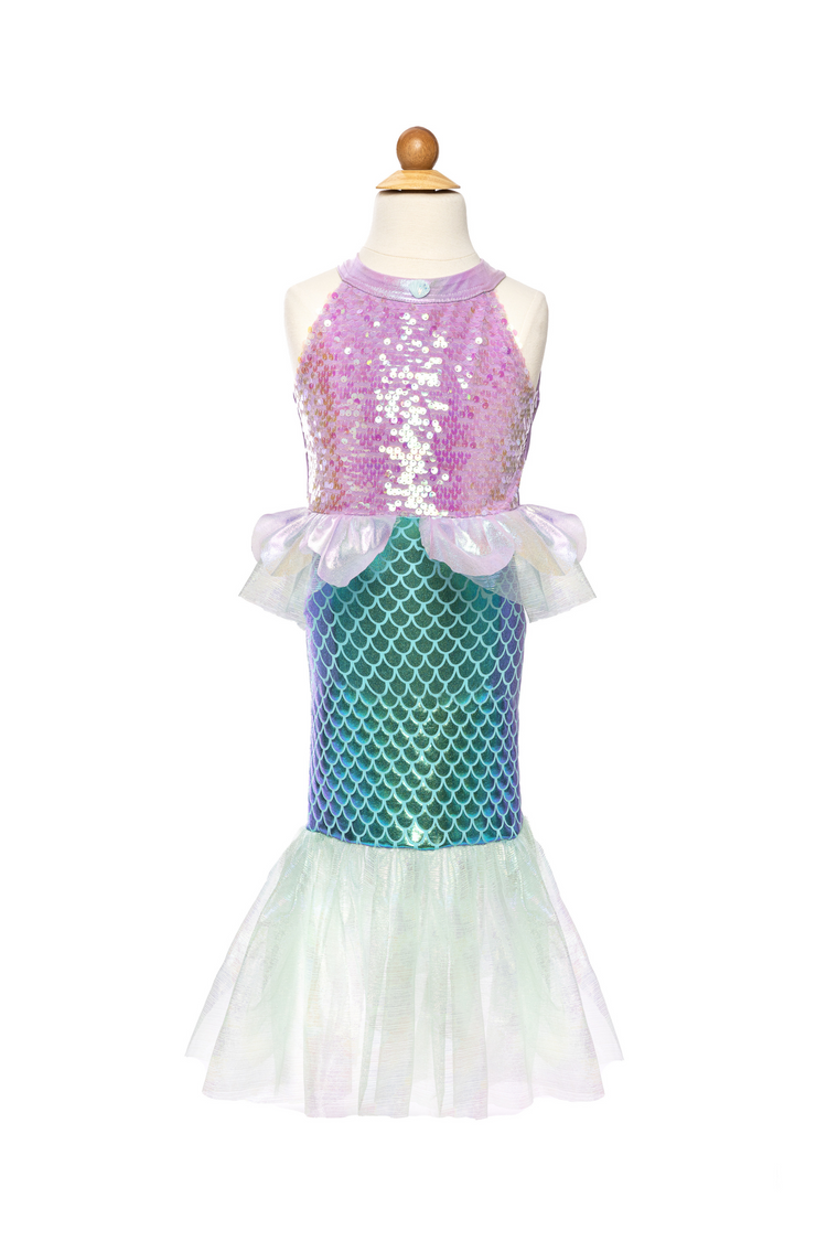 Children's mermaid costume dress with lilac sequin bodice and blue scale skirt on mannequin
