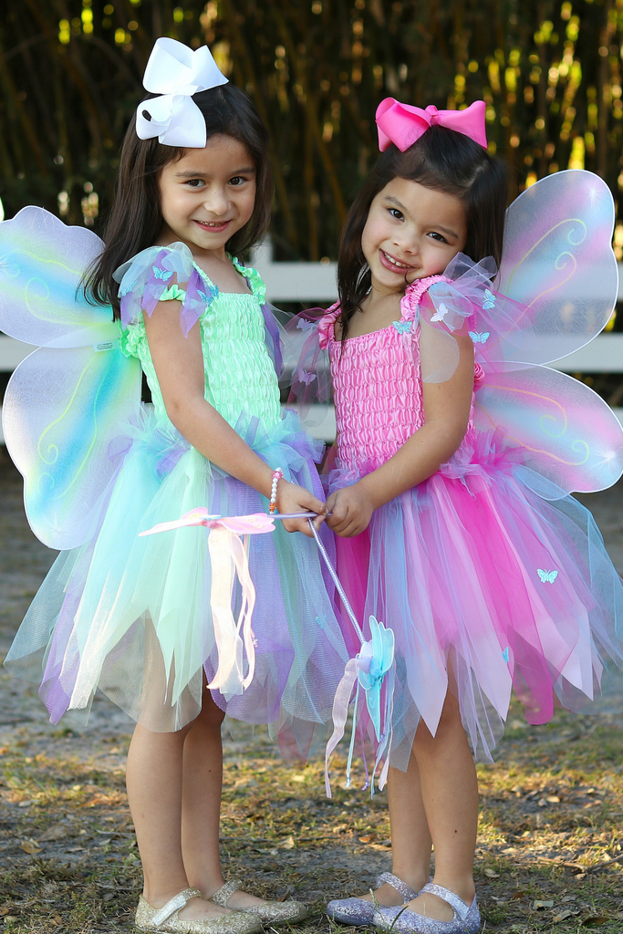 Two girls wearing fairy butterfly costumes with wings and wands, green and pink versions