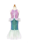 Children's mermaid costume dress with lilac sequin bodice, teal scale skirt, and mint tulle hem