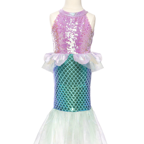 Children's mermaid costume dress with lilac sequin bodice, teal scale skirt, and mint tulle hem