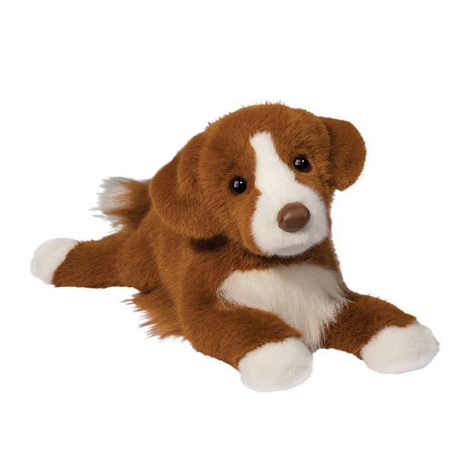Douglas plush Rush Duck Tolling Retriever stuffed animal lying down, brown and white