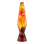 14.5 inch lava lamp with yellow and red erupting crater design and orange wax blobs