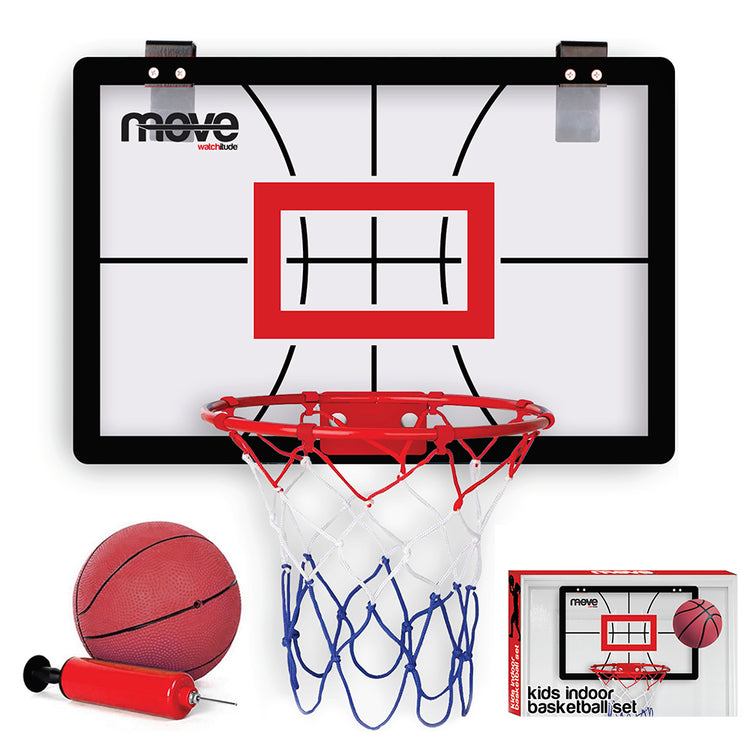 Watchitude Move kids indoor basketball hoop set with ball, pump, and packaging on white background
