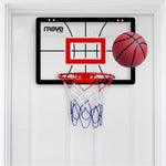 Kids indoor over-the-door basketball hoop set with red rim, tri-color net, and mini basketball
